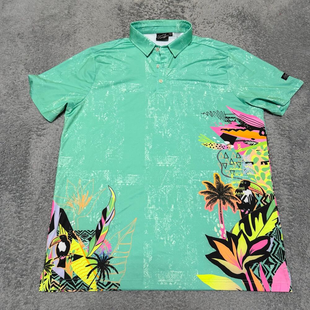 Sunday Swagger Polo Shirt Mens Large Tropical Neon Print Green Stretch Golf
